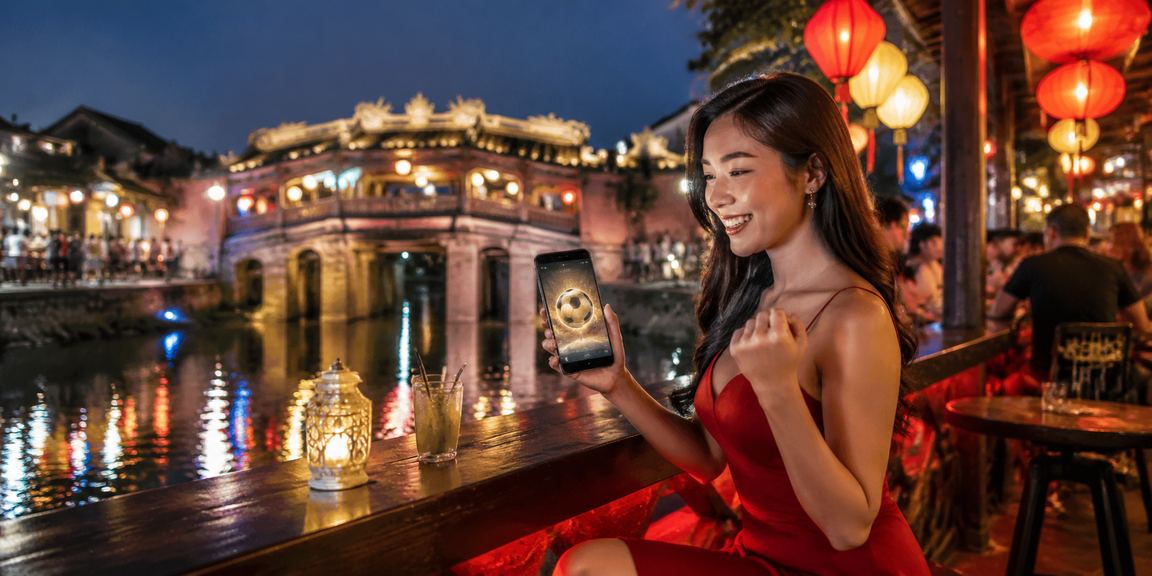 Người dùng xem cược bóng đá tại chợ đêm Hội An qua điện thoại